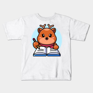 Cute deer writing on book with pencil cartoon Kids T-Shirt
